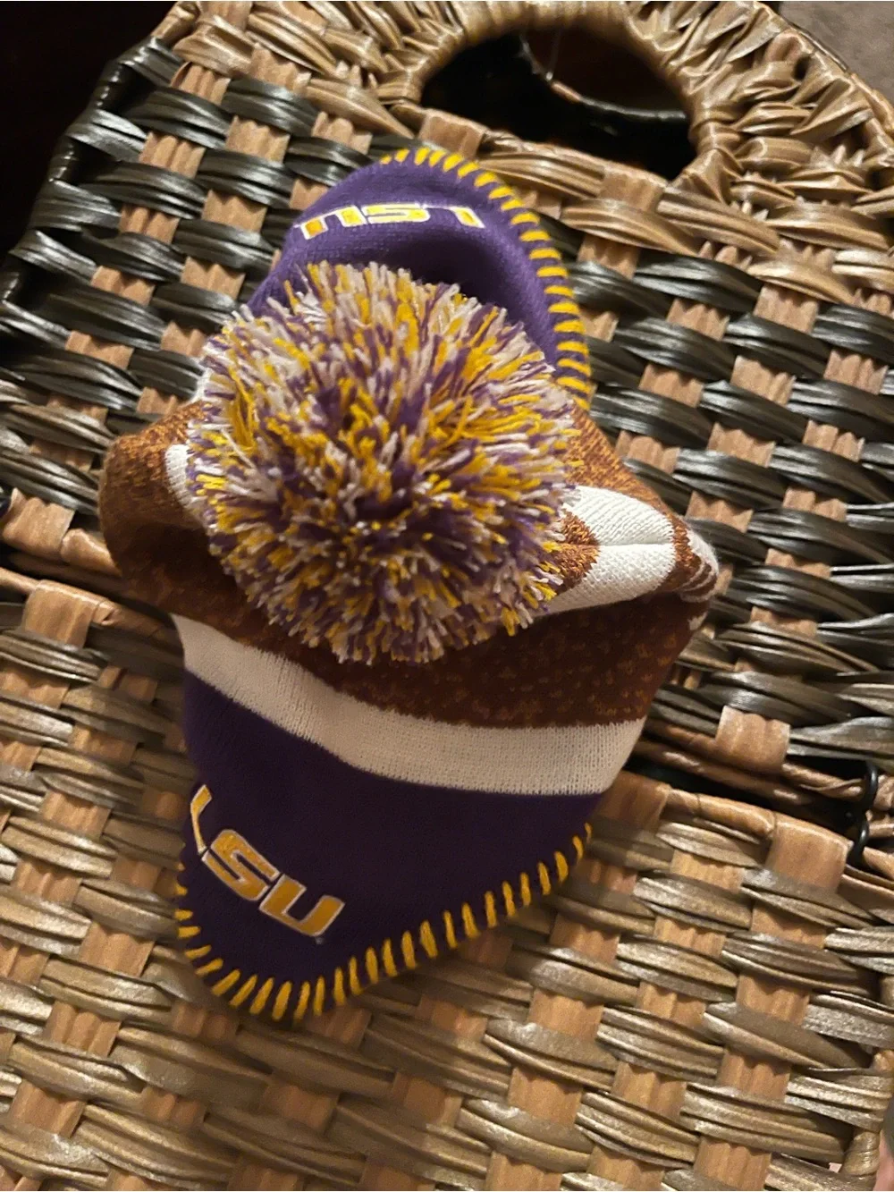 Purple & Gold Pom Beanie Knit Earflap Hat